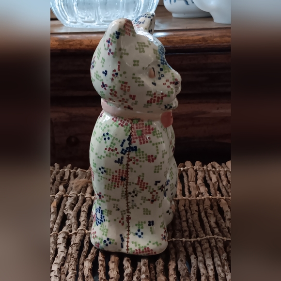Vintage Ceramic Cat Pottery Patchwork CalicoPlanter utensil pencil holder - Picture 8 of 8